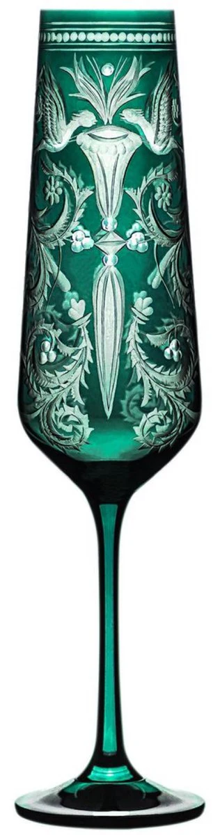 Luxus Champagnerglas 6er Set Grün / Silber Ø 6,5 x H. 26,5 cm - Handgefertigte und handgravierte Champagnergläser - Hotel & Restaurant Accessoires - Luxus Qualität