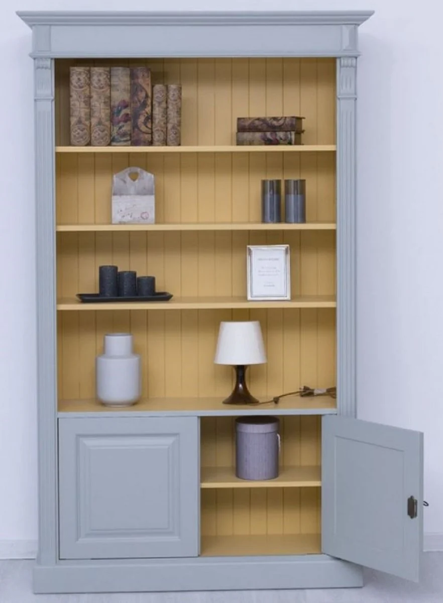 Landhausstil Bücherschrank Grau / Gelb 120 x 39 x H. 197 cm - Massivholz Schrank - Wohnzimmerschrank - Büroschrank - Landhausstil Möbel