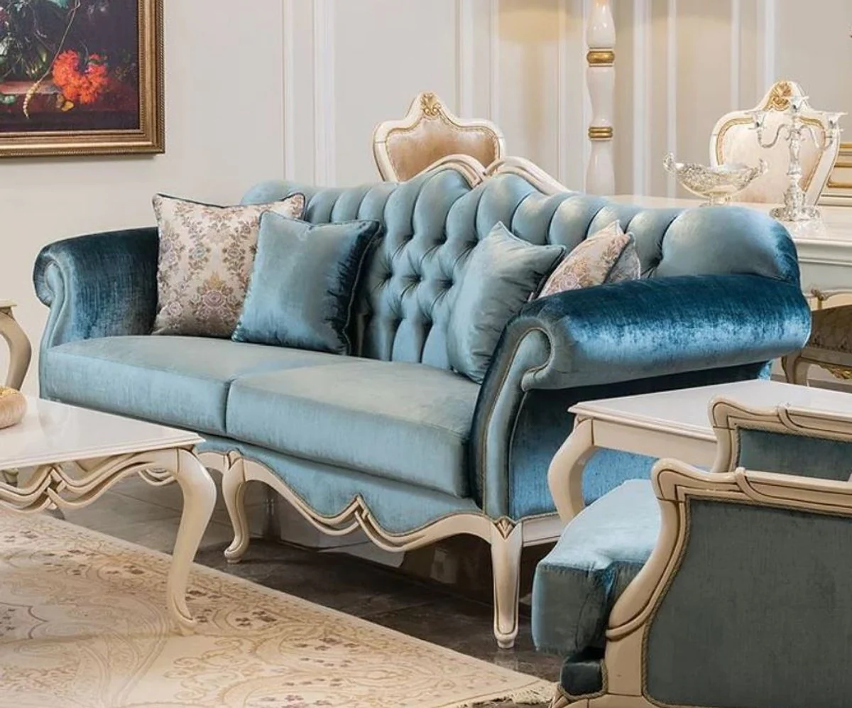 Luxus Barock Sofa Blau / Weiß 225 x 87 x H. 101 cm - Wohnzimmer Sofa mit dekorativen Kissen - Wohnzimmer Möbel im Barockstil