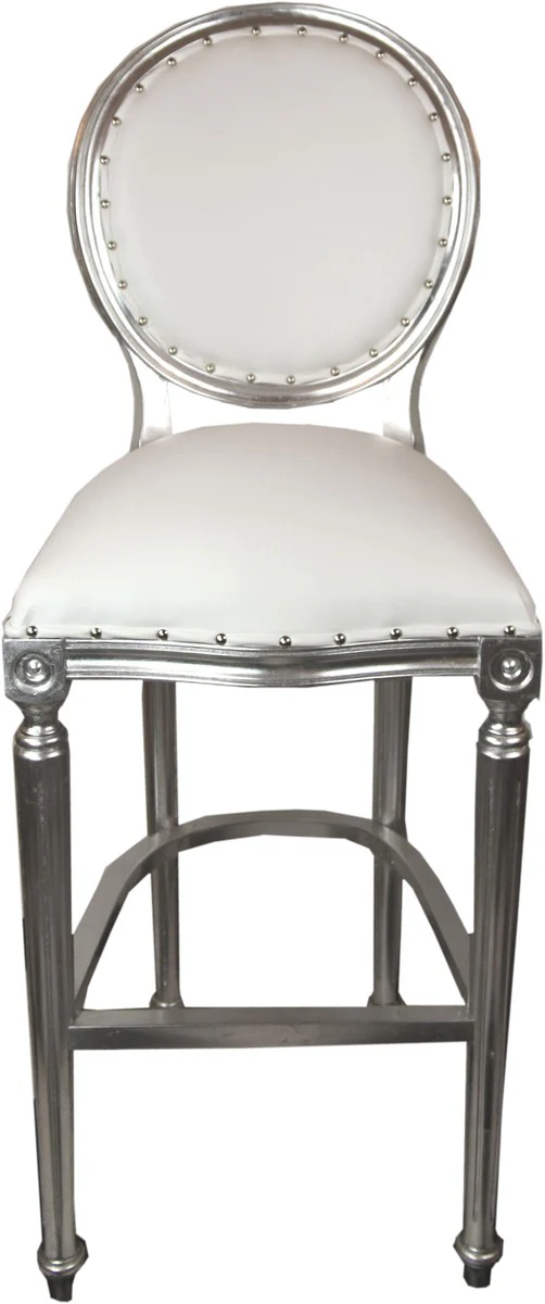 Luxus Barock Bar Stuhl Weiß / Silber Ledertoptik - Hochstuhl Barstuhl Barhocker - Club Möbel