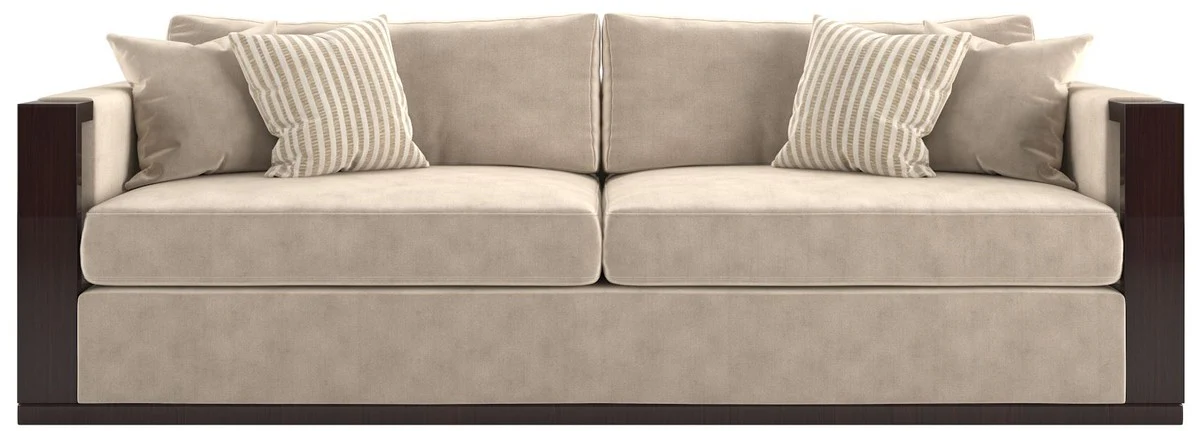 Luxus Art Deco Samt Sofa Beige / Dunkelbraun Hochglanz / Gold 245 x 95 x H. 75 cm - Edles Wohnzimmer Sofa - Luxus Qualität