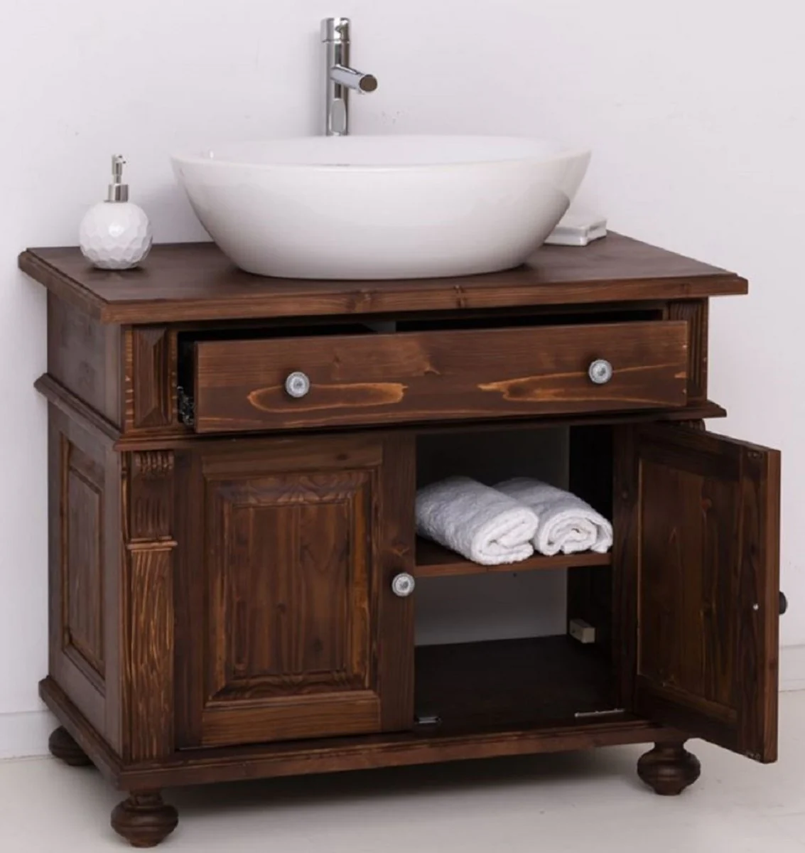 Landhausstil Badezimmer Set Dunkelbraun / Weiß - 1 Waschbeckenschrank & 1 Ovales Keramik Waschbecken - Badezimmer Möbel im Landhausstil - Landhausstil Möbel - Landhausstil Einrichtung