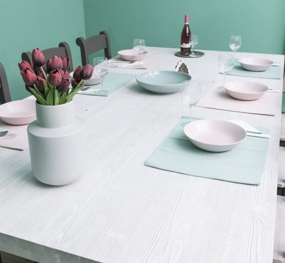 Landhausstil Esszimmer Möbel Set Hellgrau / Grau - 1 Esstisch & 6 Esszimmerstühle - Massivholz Esszimmer Möbel - Landhausstil Möbel