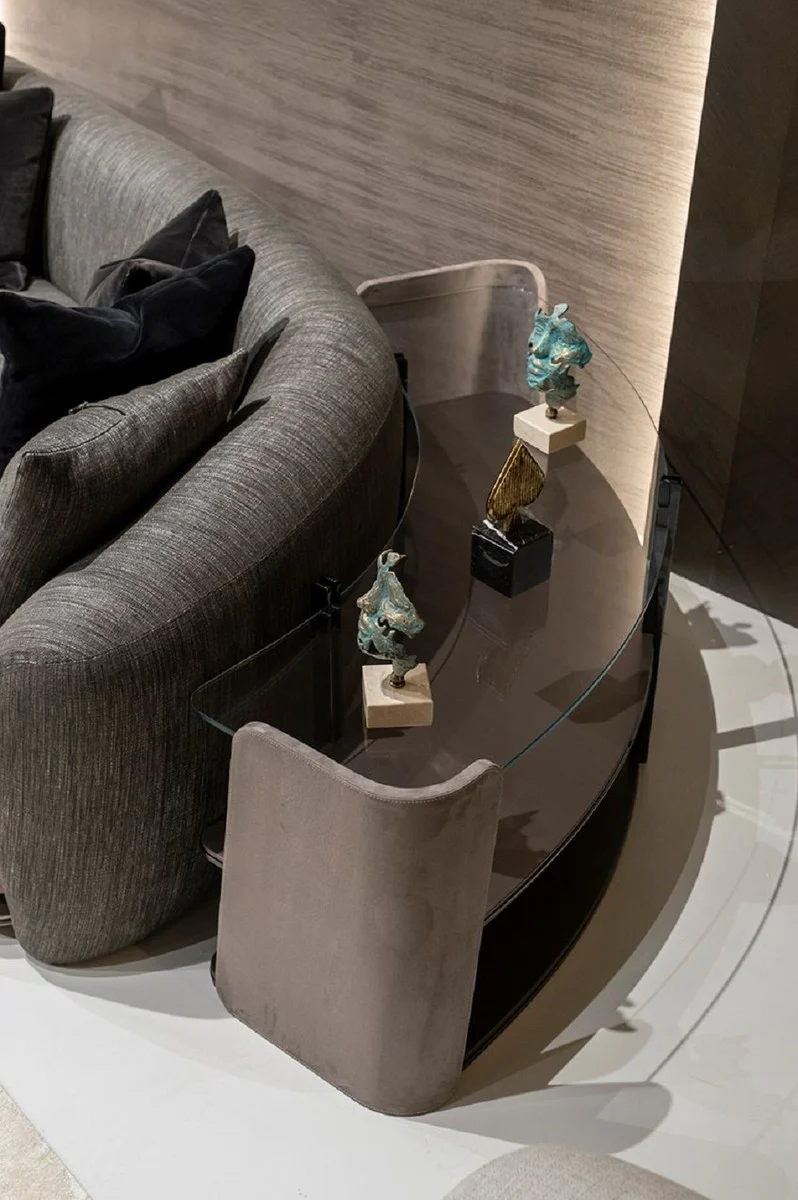 Luxus Regalschrank Grau / Dunkelbraun / Bronze 141,45 x 105,41 x H. 61,5 cm - Gebogener Schrank mit Glasplatte - Wohnzimmer Möbel - Hotel Möbel - Luxus Möbel