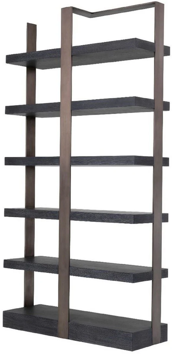 Luxus Regalschrank Schwarz / Bronze 120,5 x 40 x H. 230 cm - Eichenfurnier Schrank mit Edelstahlrahmen - Bücherschrank - Luxus Wohnzimmer Möbel