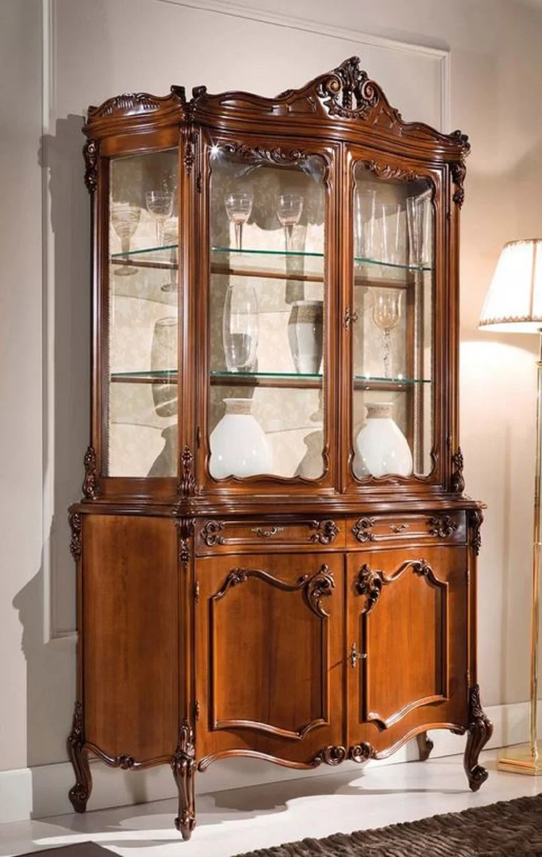Luxus Barock Vitrine Braun - Handgefertigter Vitrinenschrank mit 4 Türen und 2 Schubladen - Prunkvolle Barock Möbel - Luxus Qualität - Made in Italy