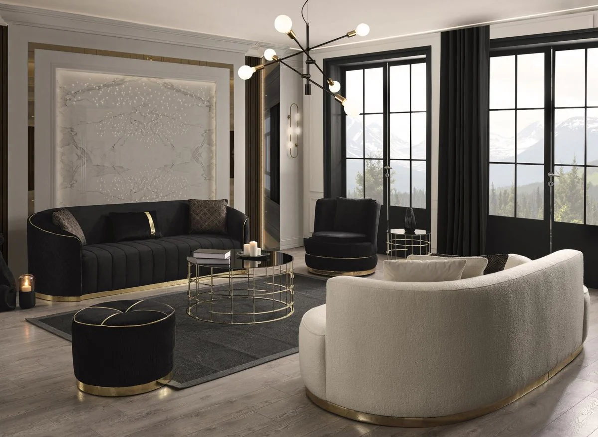 Luxus Samt 3er Sofa Schwarz / Gold 240 x 95 x H. 74 cm - Wohnzimmer Sofa mit edlem Samtstoff - Wohnzimmer Möbel - Luxus Möbel - Wohnzimmer Einrichtung - Luxus Einrichtung