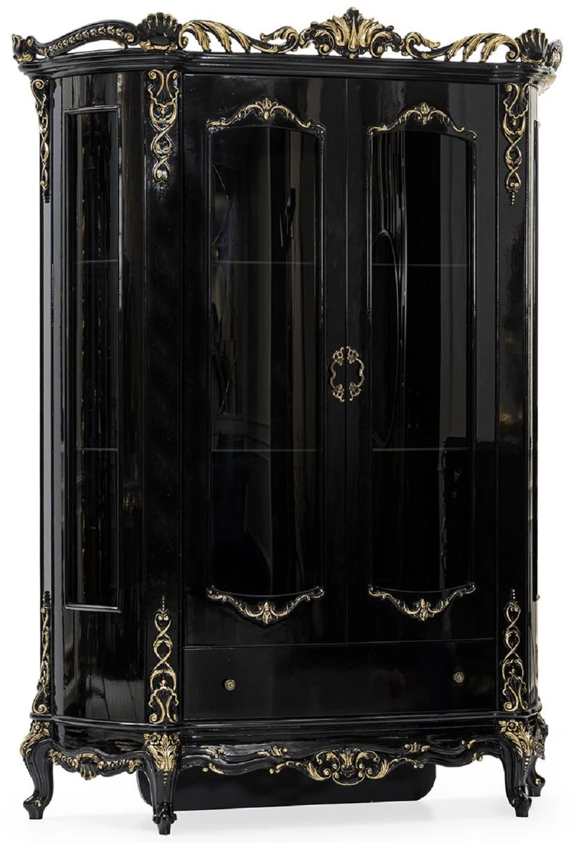 Luxus Barock Vitrine Schwarz / Gold - Prunkvoller Massivholz Vitrinenschrank mit 2 Türen und Schublade - Luxus Möbel im Barockstil - Barock Möbel - Edel & Prunkvoll