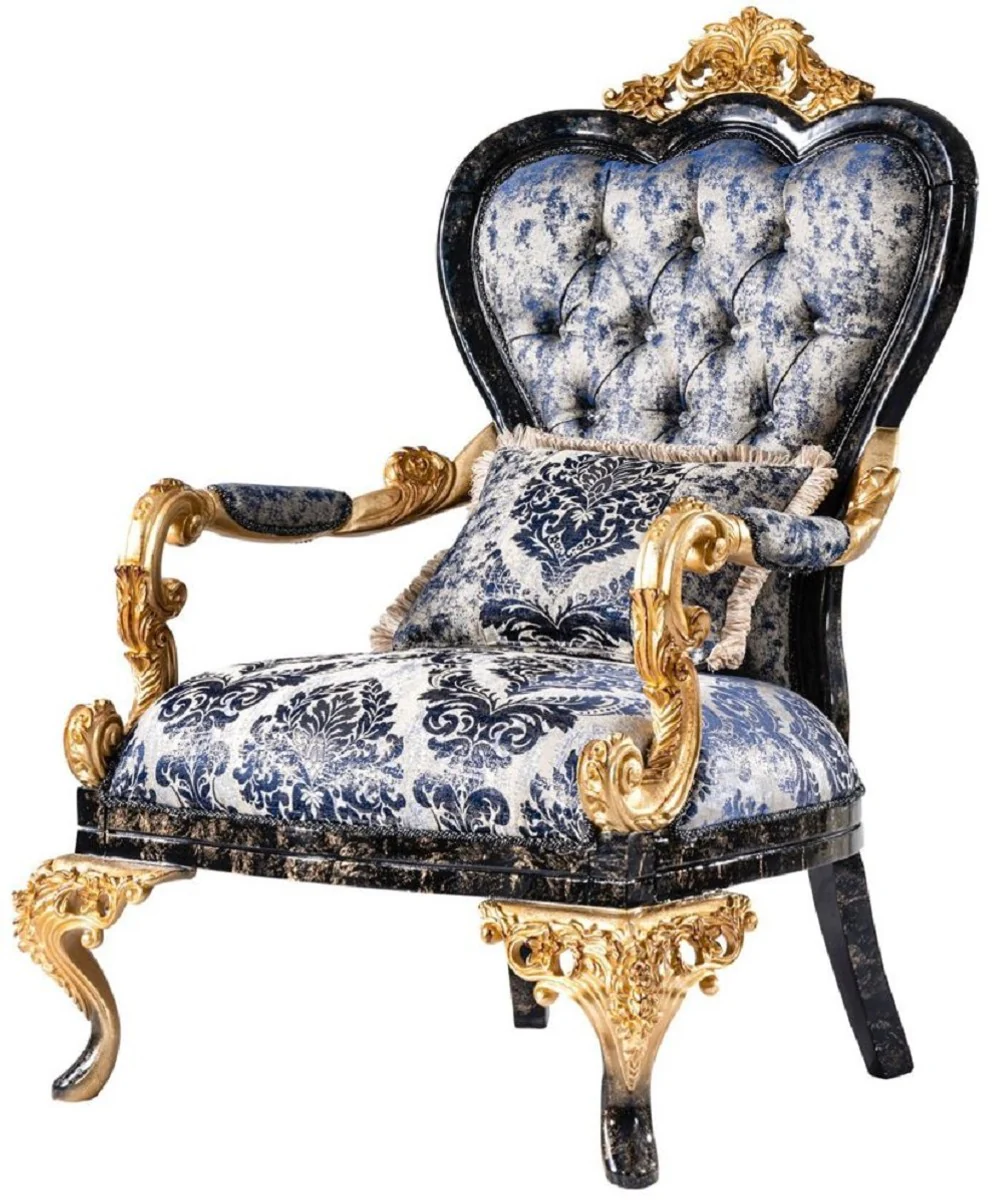 Luxus Barock Wohnzimmer Set Blau / Schwarz / Gold - 2 Barock Sofas & 2 Barock Sessel & 1 Barock Couchtisch - Luxus Wohnzimmer Möbel im Barockstil - Barock Möbel - Edel & Prunkvoll