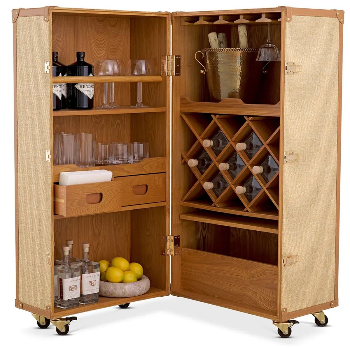 Luxus Weinschrank im Koffer Design Naturfarben / Braun 59 x 59 x H. 122,5 cm - Kofferschrank mit Rollen - Bar Möbel - Luxus Möbel - Luxus Qualität