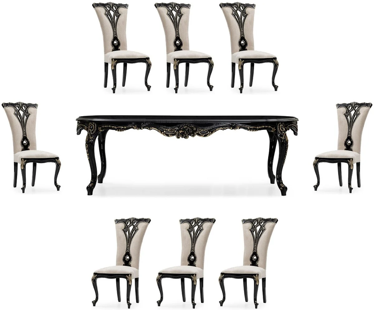 Luxus Barock Esszimmer Set Creme / Schwarz / Gold - 1 Barock Esstisch & 8 Barock Esszimmerstühle - Luxus Esszimmer Möbel im Barockstil - Prunkvolle Barock Esszimmer Möbel