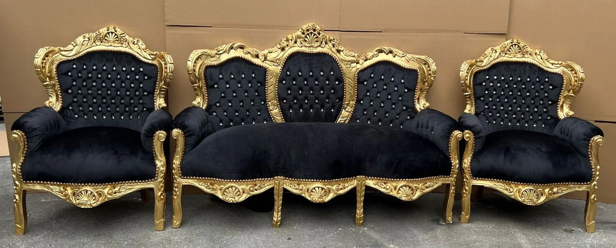 Barock Wohnzimmer Set Schwarz / Gold - 1 Barock Sofa & 2 Barock Sessel - Wohnzimmer Möbel im Barockstil - Barock Möbel - Barock Wohnzimmer Einrichtung
