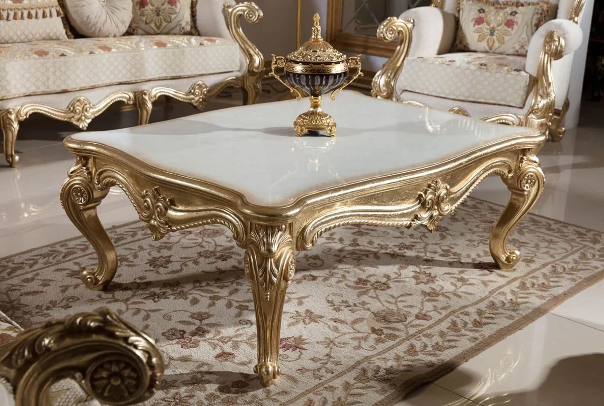 Luxus Barock Couchtisch Weiß / Gold - Prunkvoller Wohnzimmertisch im Barockstil - Luxus Wohnzimmer Möbel im Barockstil - Barock Möbel - Barock Wohnzimmer Einrichtung
