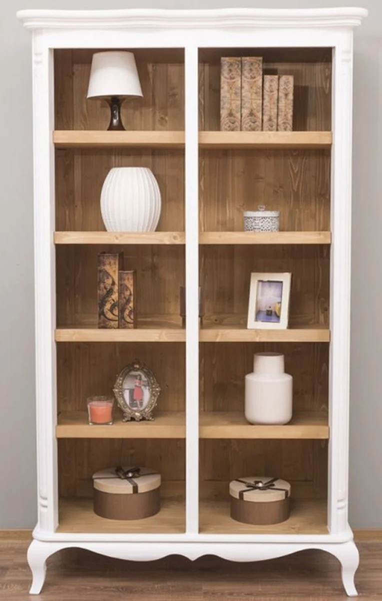 Landhausstil Regalschrank Weiß / Naturfarben 112 x 49 x H. 190 cm - Massivholz Bücherschrank - Wohnzimmerschrank - Büroschrank - Möbel im Landhausstil