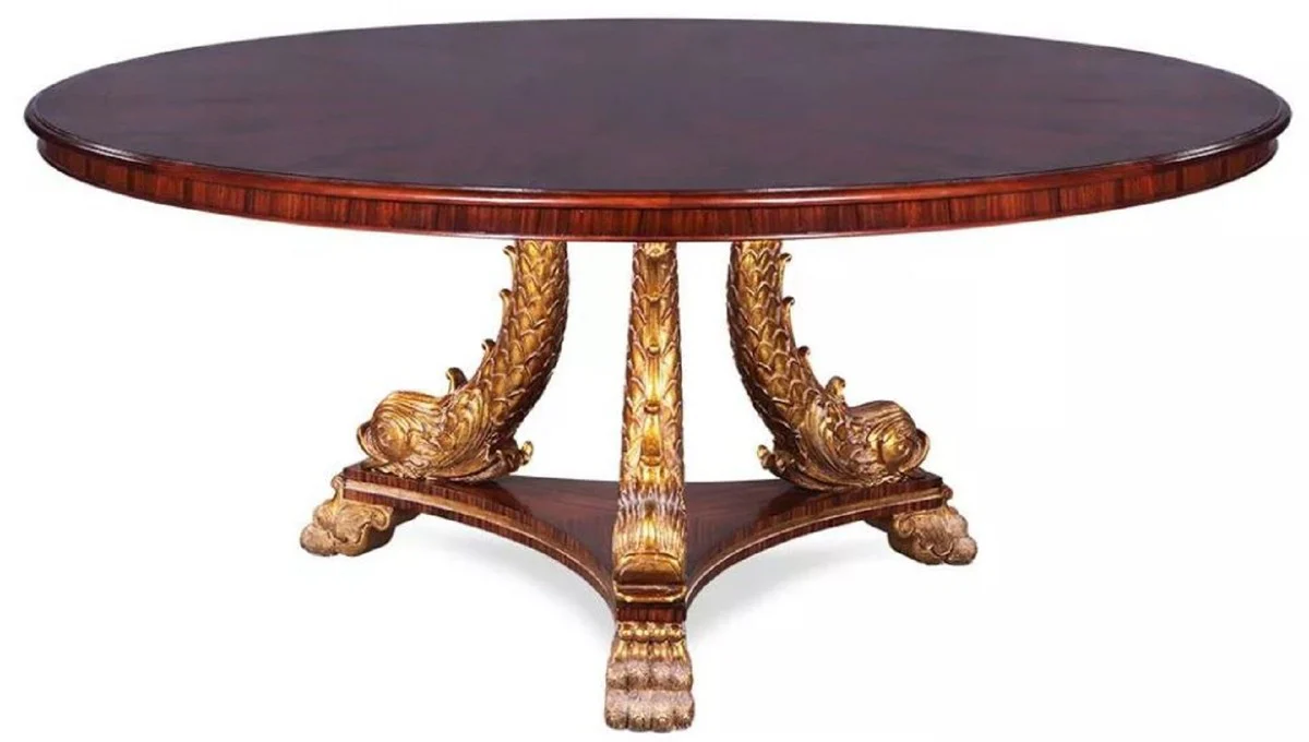 Luxus Barock Esstisch Braun / Gold Ø 150 cm - Runder Barockstil Massivholz Küchentisch im asiatischen Stil - Barock Esszimmer Möbel im asiatischen Stil