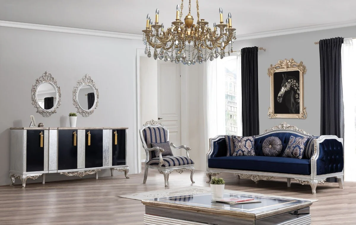Luxus Barock Sofa Blau / Silber / Gold 228 x 90 x H. 110 cm - Wohnzimmer Sofa im Barockstil - Barock Möbel - Edel & Prunkvoll