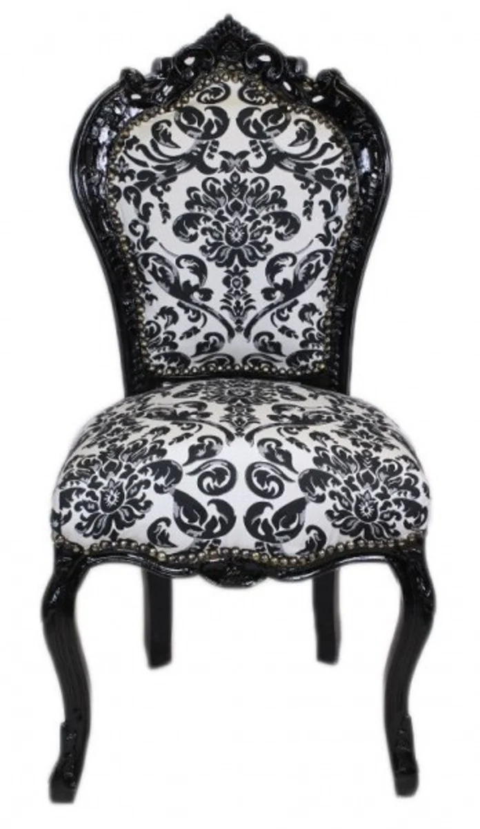 Barock Esszimmer Stuhl Blumen Muster Schwarz / Weiss- Antik Stil Möbel