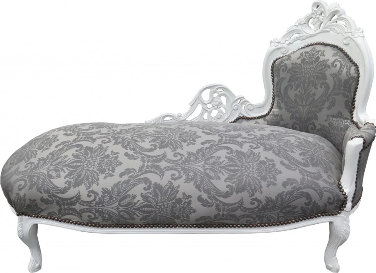 Barock Chaiselongue Grau Muster / Weiss - Recamiere Liege Barock Möbel - Limited Edition