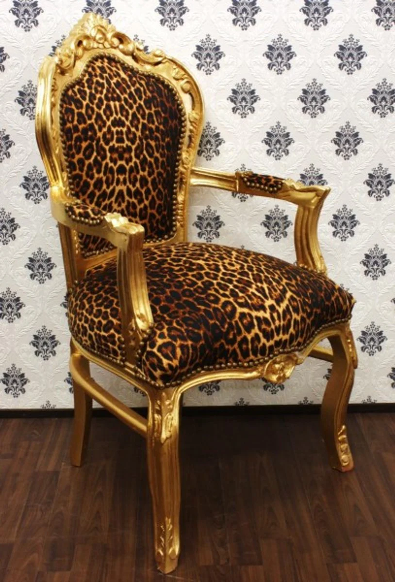 Barock Esszimmer Stuhl Leopard / Gold mit Armlehnen