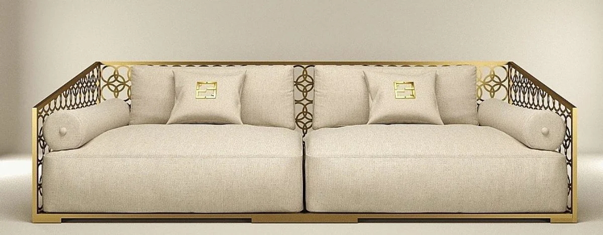 Luxus 3er Sofa Elfenbeinfarben / Champagner-Gold 325 x 109 cm - Handgefertigtes Sofa mit Kissen - Wohnzimmer Sofa - Garten Sofa - Terrassen Sofa - Hotel Möbel - Luxus Qualität