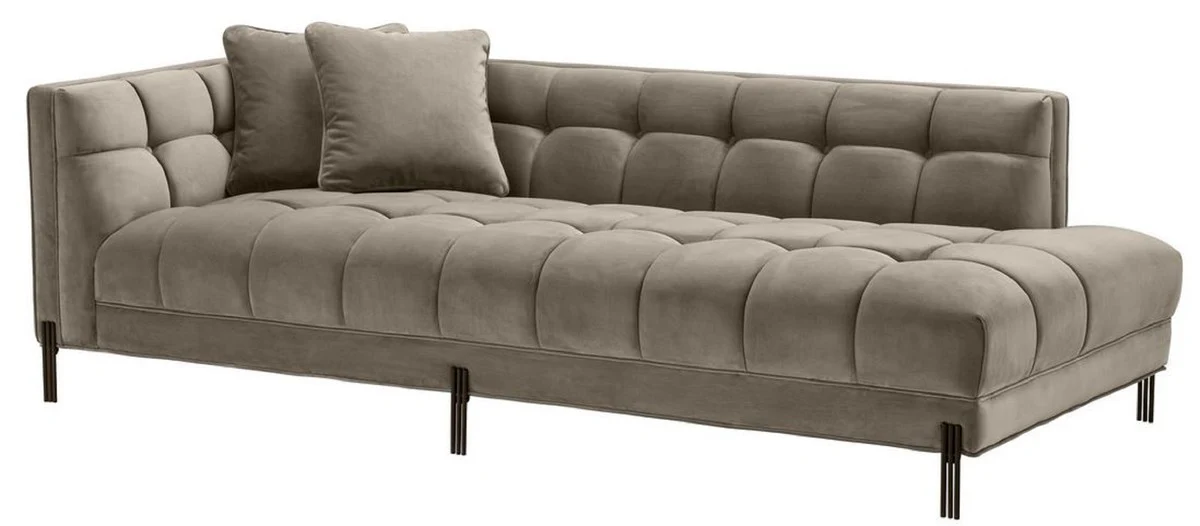 Luxus Lounge Sofa Greige / Schwarz 223 x 95 x H. 68 cm - Linksseitiges Wohnzimmer Sofa mit edlem Samtsoff und 2 Kissen