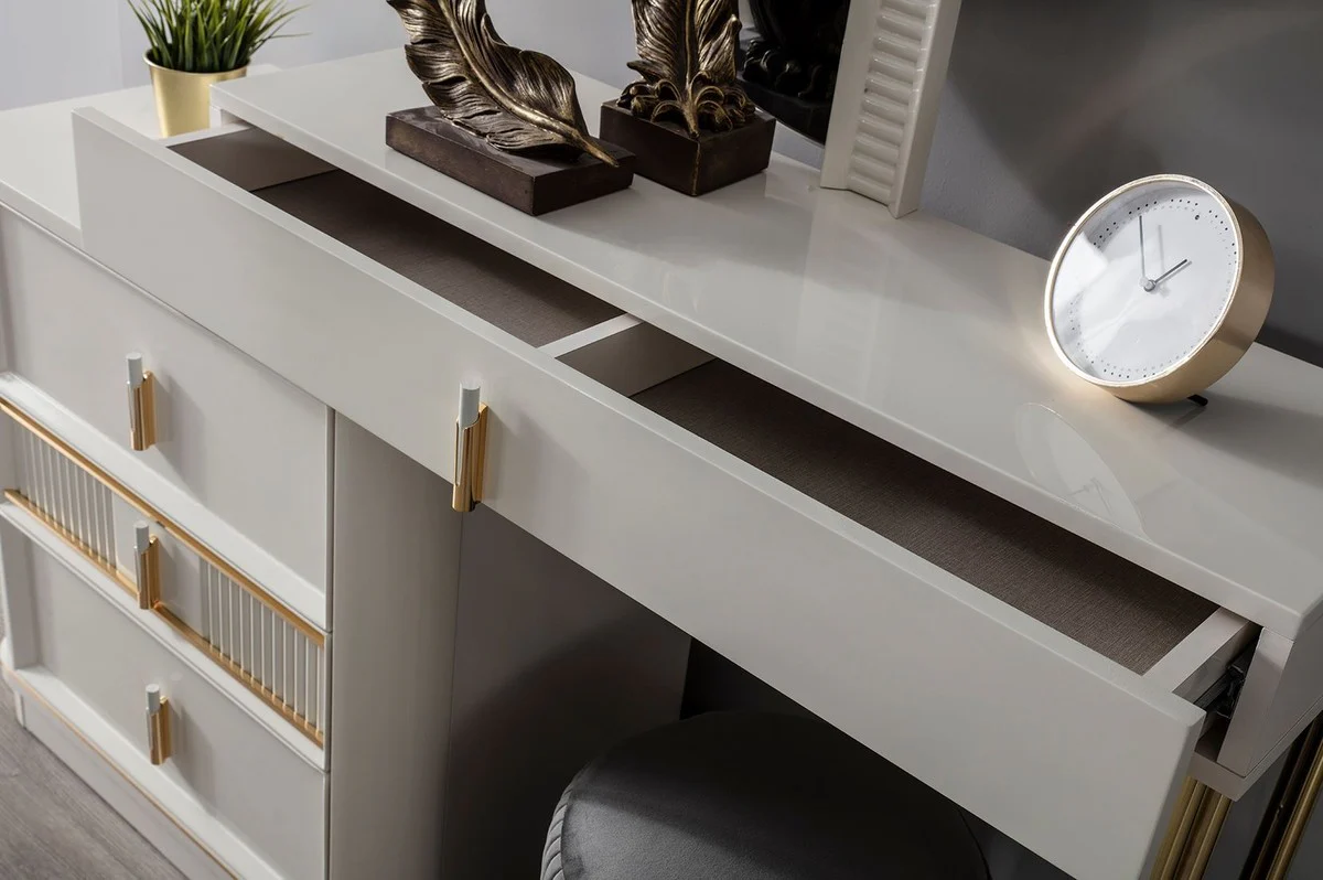 Luxus Schlafzimmer Schminktisch Set Weiß / Gold / Grau - 1 Schminkkommode mit Spiegel & 1 Hocker - Luxus Schlafzimmer Möbel