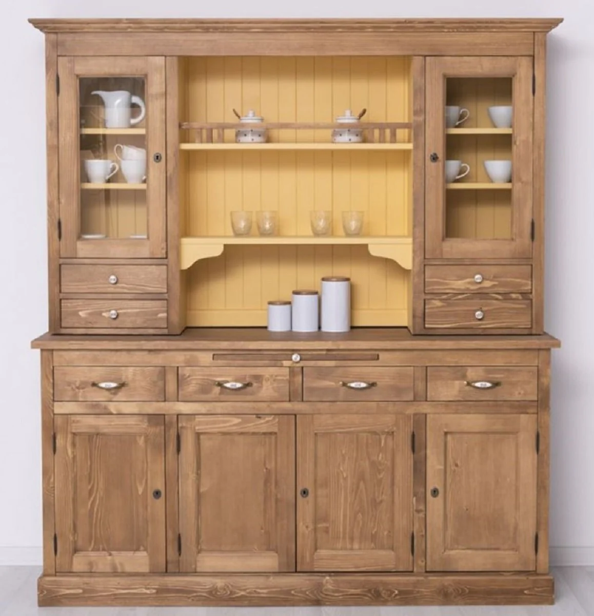 Landhausstil Esszimmerschrank Braun / Gelb 180 x 50 x H. 197 cm - Massivholz Küchenschrank - Esszimmermöbel im Landhausstil - Landhausstil Esszimmer Einrichtung