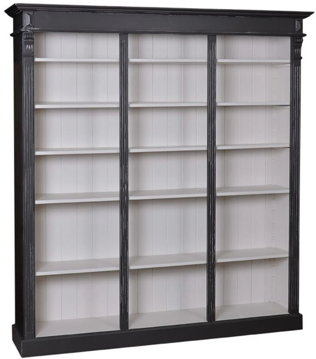 Landhausstil Bücherschrank Antik Schwarz / Hellgrau 180 x 39 x H. 197 cm - Massivholz Schrank - Regalschrank - Wohnzimmerschrank - Landhausstil Möbel