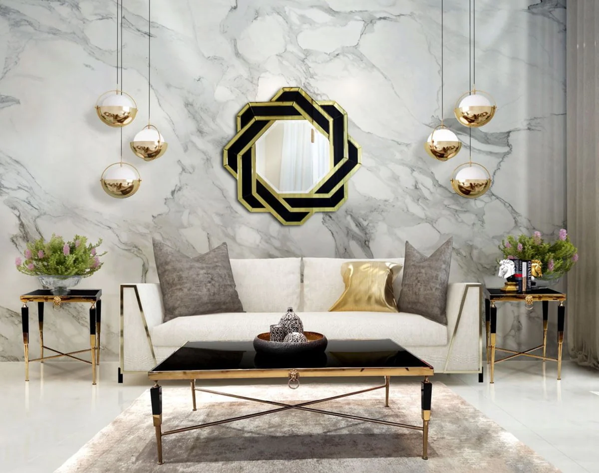 Luxus Couchtisch Schwarz / Gold 130 x 70 x H. 45 cm - Wohnzimmertisch mit Kunstmarmor Tischplatte - Luxus Wohnzimmer Möbel - Hotel Möbel - Luxus Einrichtung - Hotel Einrichtung