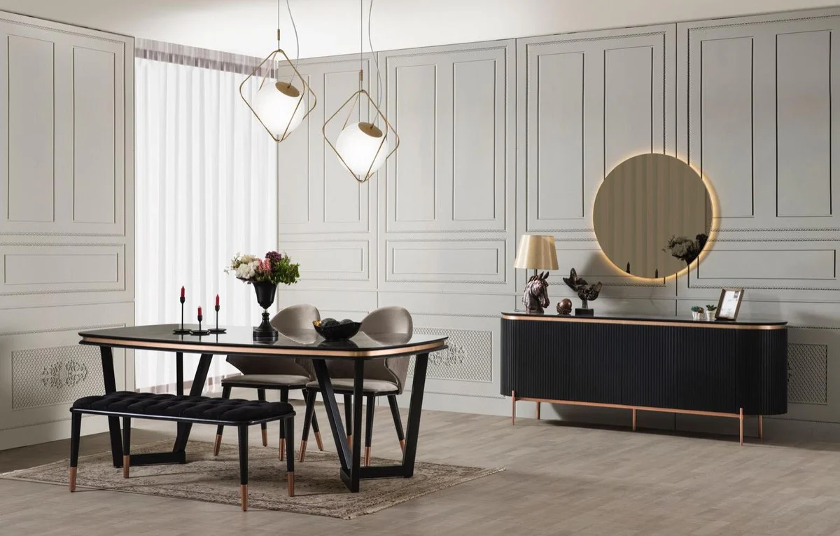 Luxus Esszimmer Set Grau / Schwarz / Kupferfarben - 1 Esszimmertisch & 4 Esszimmerstühle & 1 Sitzbank - Luxus Esszimmer Möbel