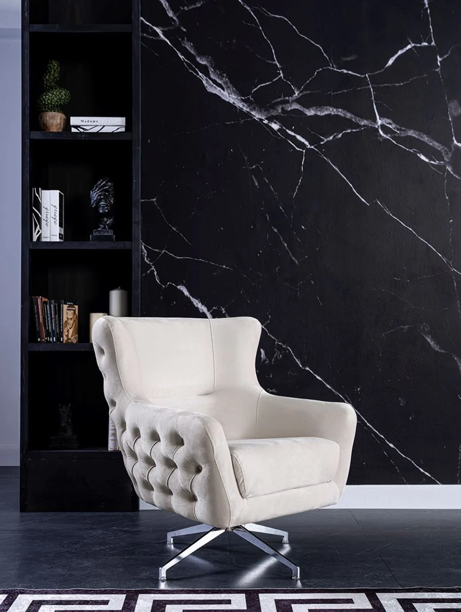 Luxus Art Deco Chesterfield Drehsessel Cremefarben / Silber 90 x 90 x H. 100 cm - Wohnzimmer Sessel - Wohnzimmer Möbel