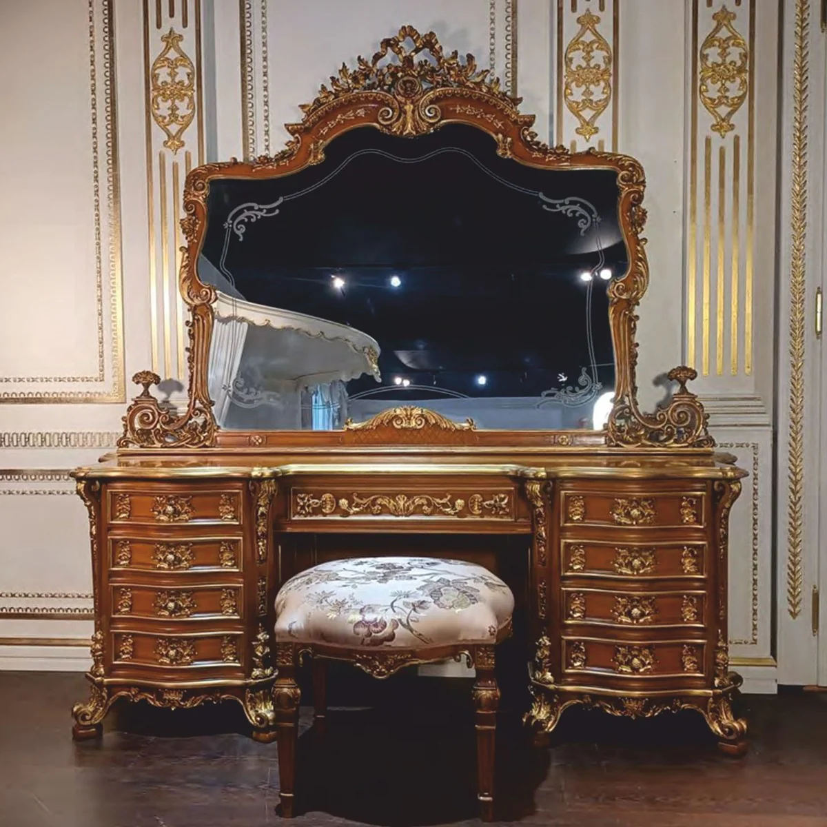 Luxus Barock Schminktisch Set Braun / Gold - Made in Italy