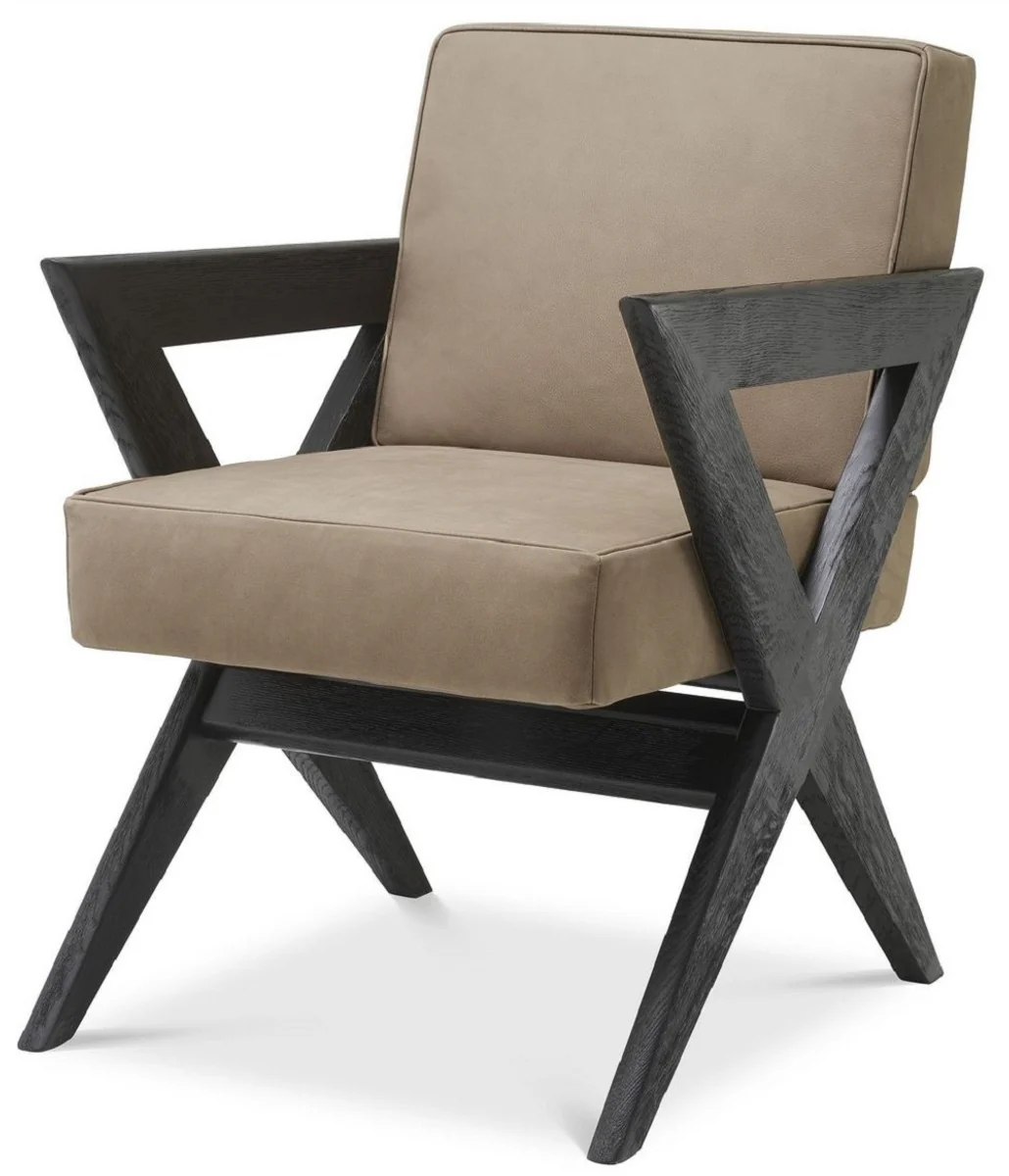 Luxus Echtleder Esszimmerstuhl mit Armlehnen Beige / Schwarz 59 x 74 x H. 88 cm - Küchenstuhl mit edlem Nubuk Büffelleder - Luxus Esszimmer Möbel