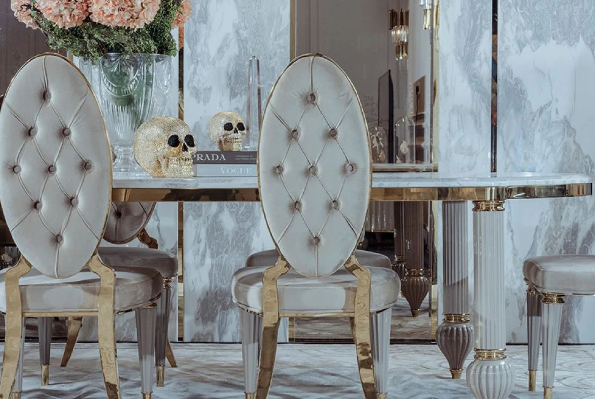 Luxus Art Deco Esszimmer Set Grau / Weiß / Gold - 1 Art Deco Esstisch mit Kunstmarmor Tischplatte & 8 Art Deco Esszimmerstühle - Prunkvolle Art Deco Esszimmer Möbel - Luxus Qualität