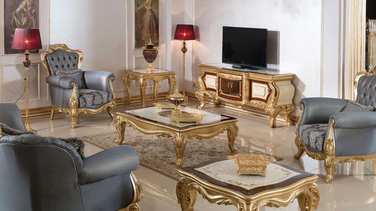 Luxus Barock Wohnzimmer Set Blau / Gold - 2 Barock Sofas & 2 Barock Sessel & 1 Barock Couchtisch - Luxus Wohnzimmer Möbel im Barockstil - Barock Möbel - Barock Einrichtung