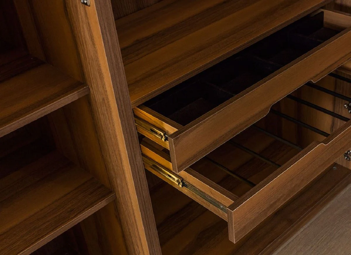 Luxus Kleiderschrank Braun / Schwarz 250 x H. 220 cm - Massivholz Schlafzimmerschrank mit 5 Glastüren und LED Beleuchtung - Schlafzimmer Möbel - Hotel Möbel - Luxus Möbel