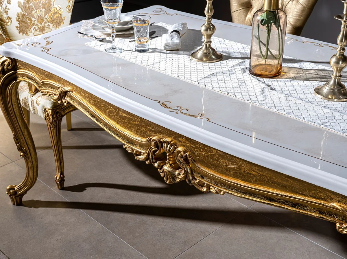 Luxus Barock Esstisch Weiß / Gold 202 x 102 x H. 80 cm - Massivholz Küchentisch - Esszimmertisch - Prunkvolle Esszimmer Möbel im Barockstil