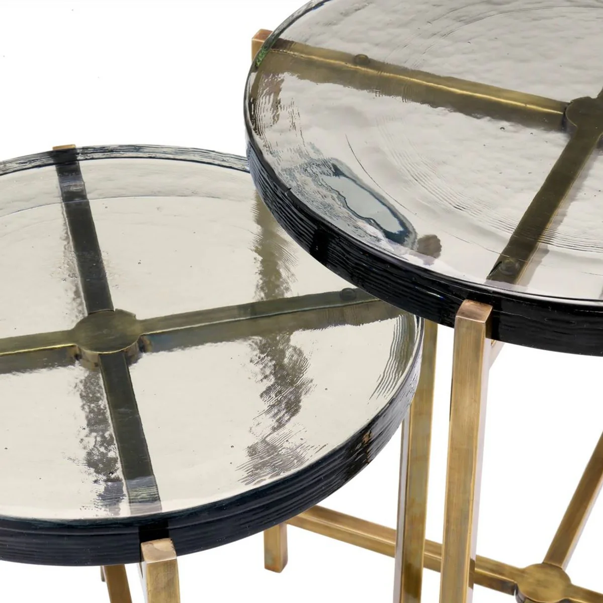 Luxus Beistelltisch Set Vintage Messing - 2 runde Edelstahl Tische mit Glasplatte - Wohnzimmer Möbel - Hotel Möbel - Luxus Möbel - Luxus Einrichtung - Möbel Luxus