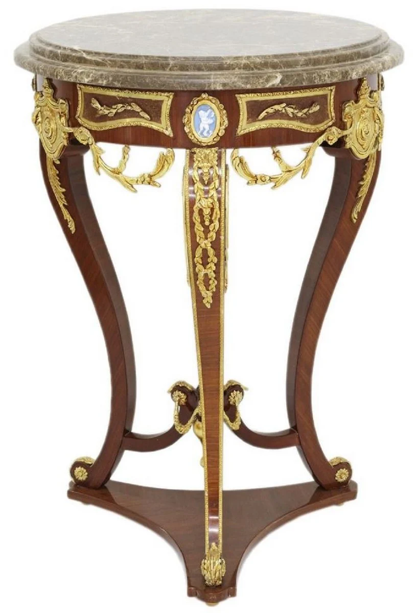 Barock Beistelltisch Braun / Gold / Grau Ø 55 x H. 78 cm - Runder Massivholz Tisch im Barockstil - Barock Wohnzimmer Möbel