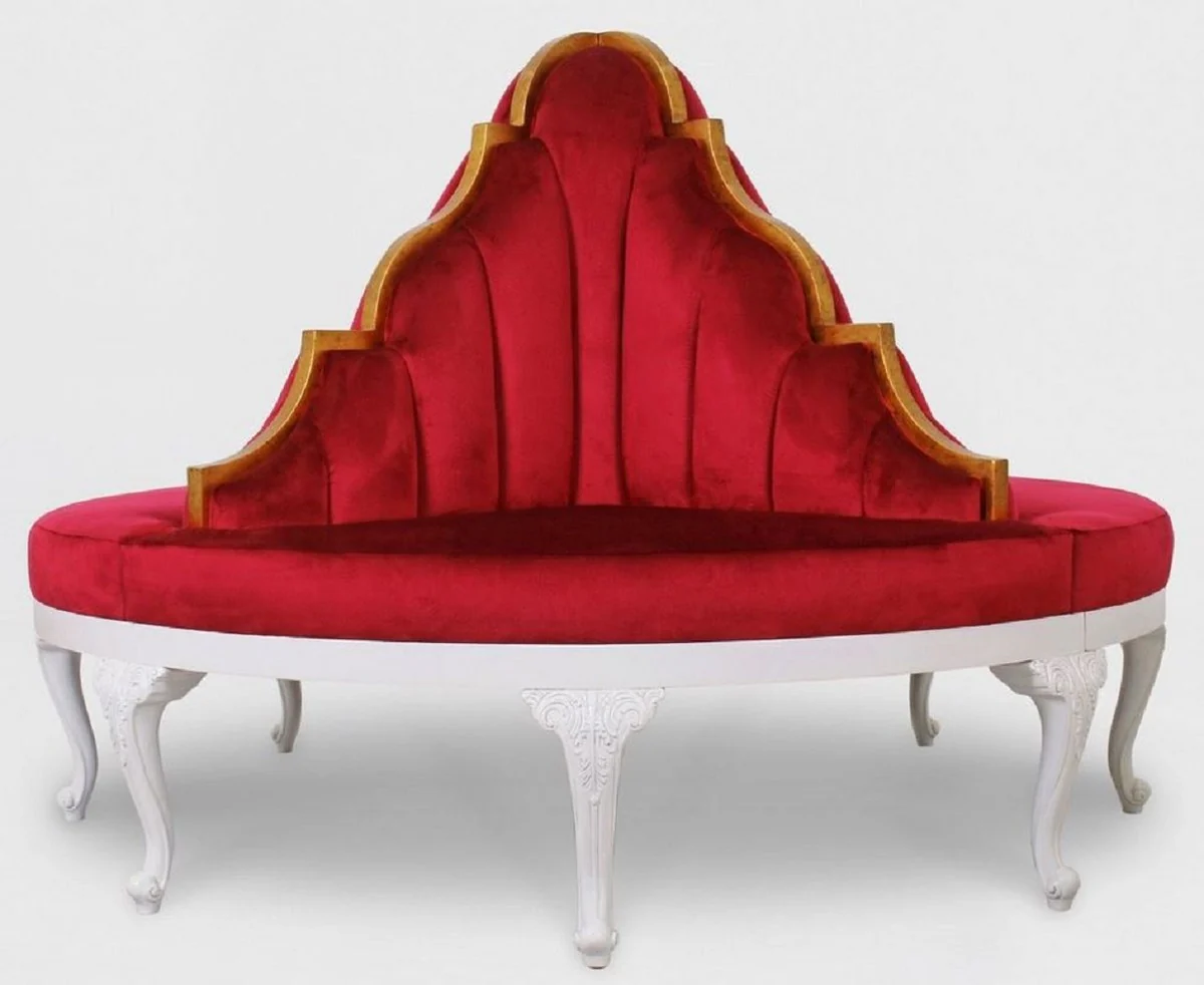 Luxus Barock Rundsofa Rot / Weiß / Antik Gold - Handgefertigtes rundes Samt Sofa - Barock Hotel & Restaurant Möbel