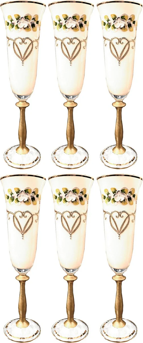 Luxus Jugendstil Champagnerglas 6er Set Weiß / Mehrfarbig / Gold - Handgefertigte und handgravierte Champagnergläser mit 24 Karat Vergoldung - Hotel & Restaurant Accessoires
