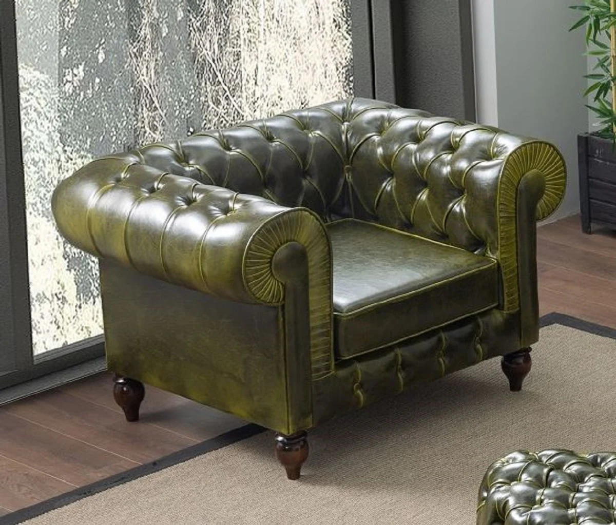 Luxus Chesterfield Kunstleder Sessel Grün / Dunkelbraun 115 x 90 x H. 75 cm - Wohnzimmer Sofa - Wohnzimmer Möbel - Luxus Möbel - Luxus Wohnzimmer Einrichtung - Möbel Luxus