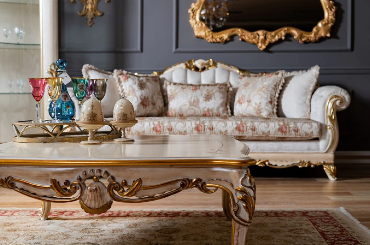 Pompöös by Luxus Barock Couchtisch Provence Beige / Weiß / Gold - Pompööser Barockstil Wohnzimmertisch designed by Harald Glööckler