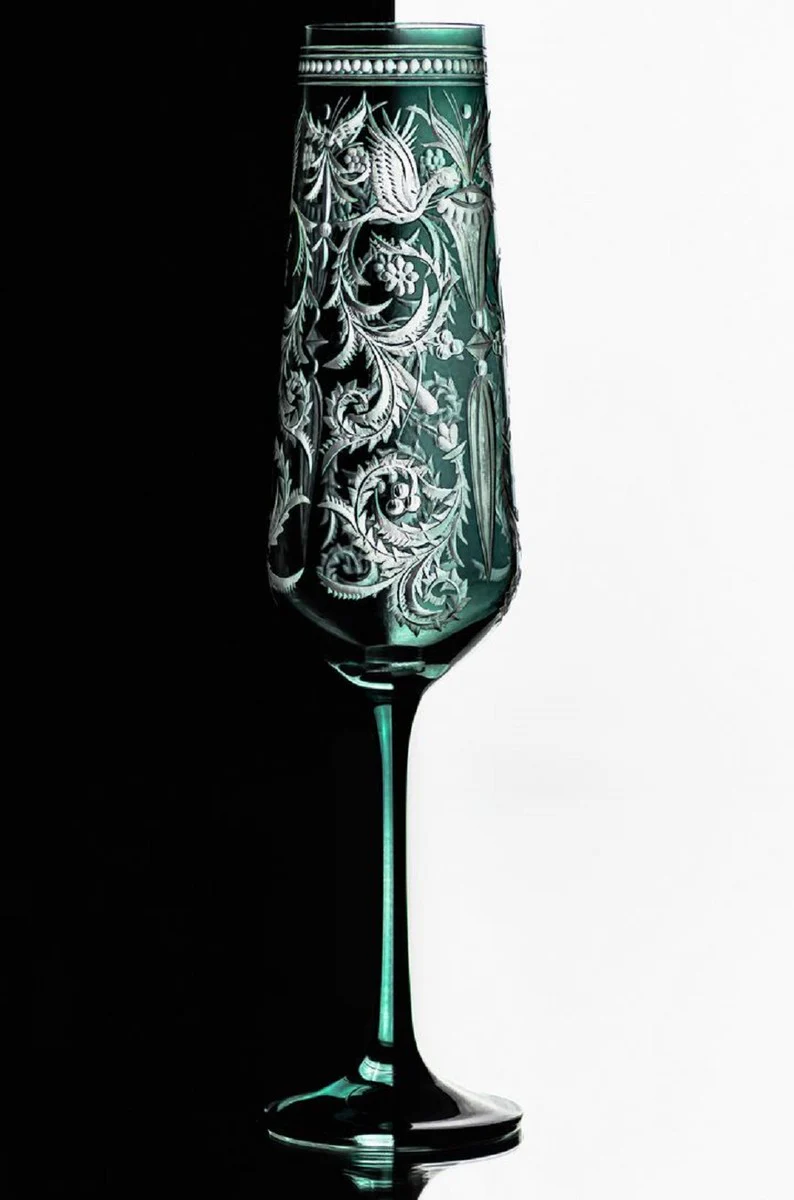 Luxus Champagnerglas 6er Set Grün / Silber Ø 6,5 x H. 26,5 cm - Handgefertigte und handgravierte Champagnergläser - Hotel & Restaurant Accessoires - Luxus Qualität