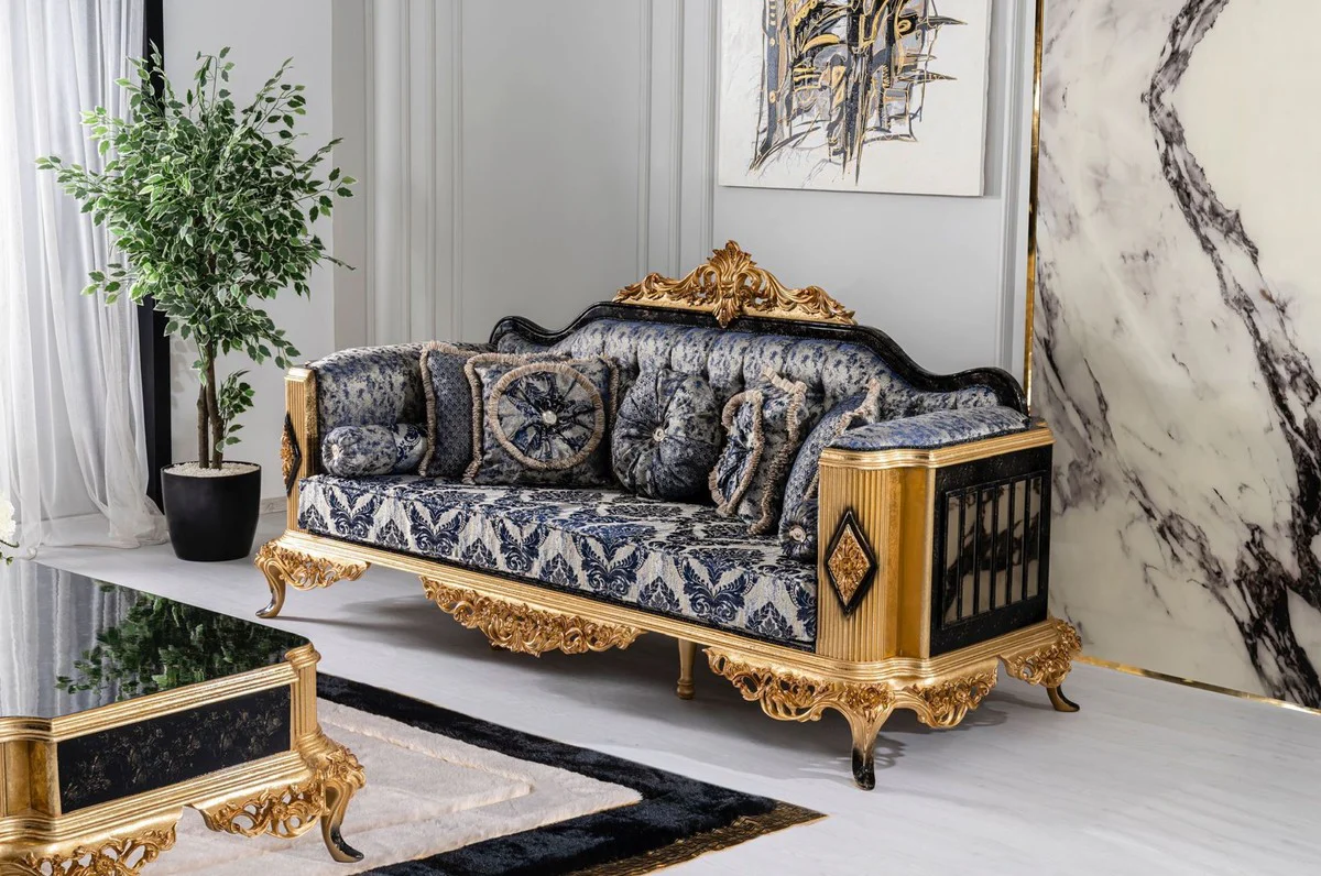 Luxus Barock Sofa Blau / Schwarz / Gold - Prunkvolles Wohnzimmer Sofa - Barockstil Wohnzimmer Möbel - Luxus Möbel im Barockstil - Barock Wohnzimmer Einrichtung