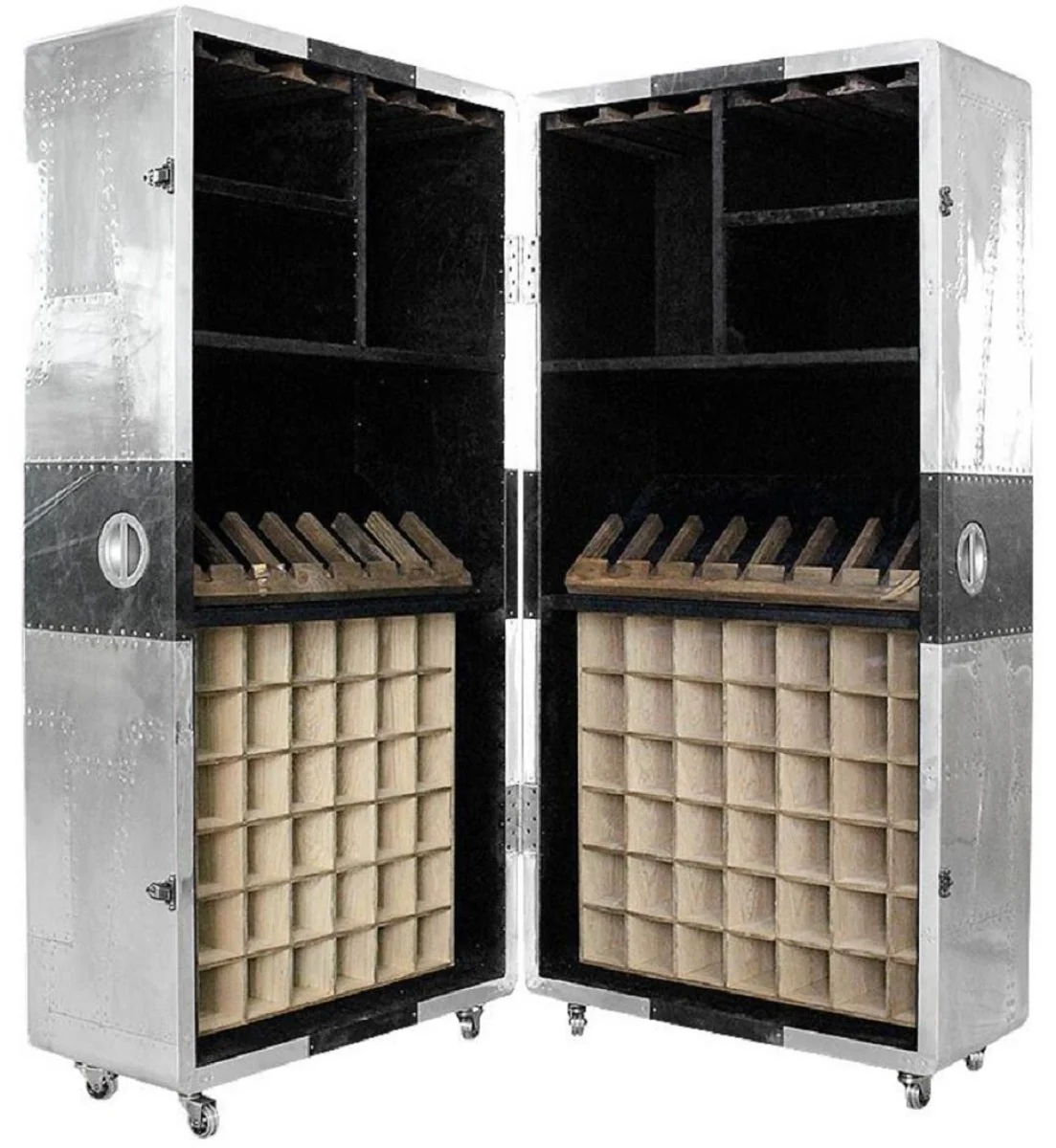 Luxus Weinschrank im Koffer Design Silber / Schwarz 86 x 80 x H. 177 cm - Aluminium Barschrank - Kofferschrank - Flugzeug Möbel - Flieger Möbel - Aluminium Möbel - Luxus Bar Möbel