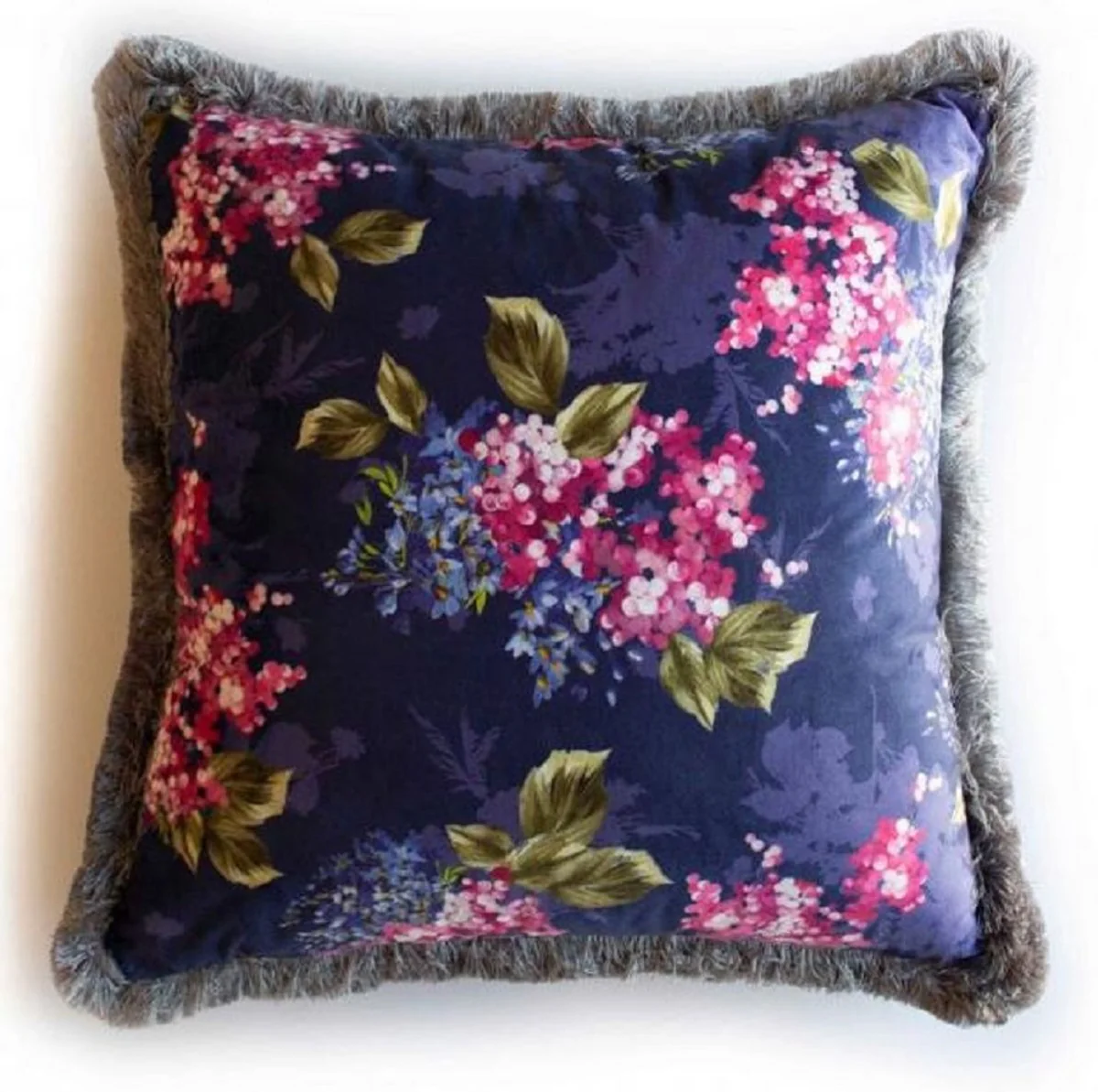 Luxus Deko Kissen Blumen Design Mehrfarbig / Grau 45 x 45 cm - Bedrucktes Samt Kissen mit Fransen - Deko Accessoires