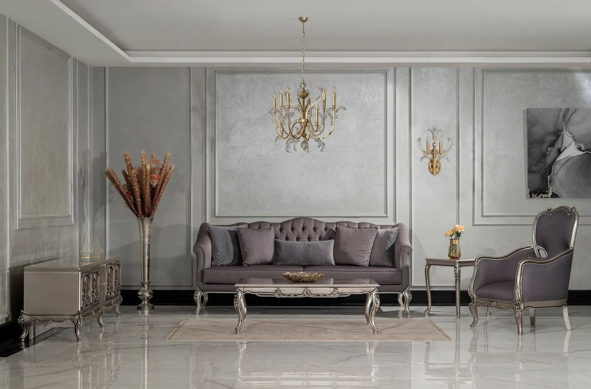 Luxus Barock Couchtisch Silber - Handgefertigter Massivholz Wohnzimmertisch im Barockstil - Barock Möbel - Luxus Möbel im Barockstil - Barock Einrichtung - Edel & Prunkvoll