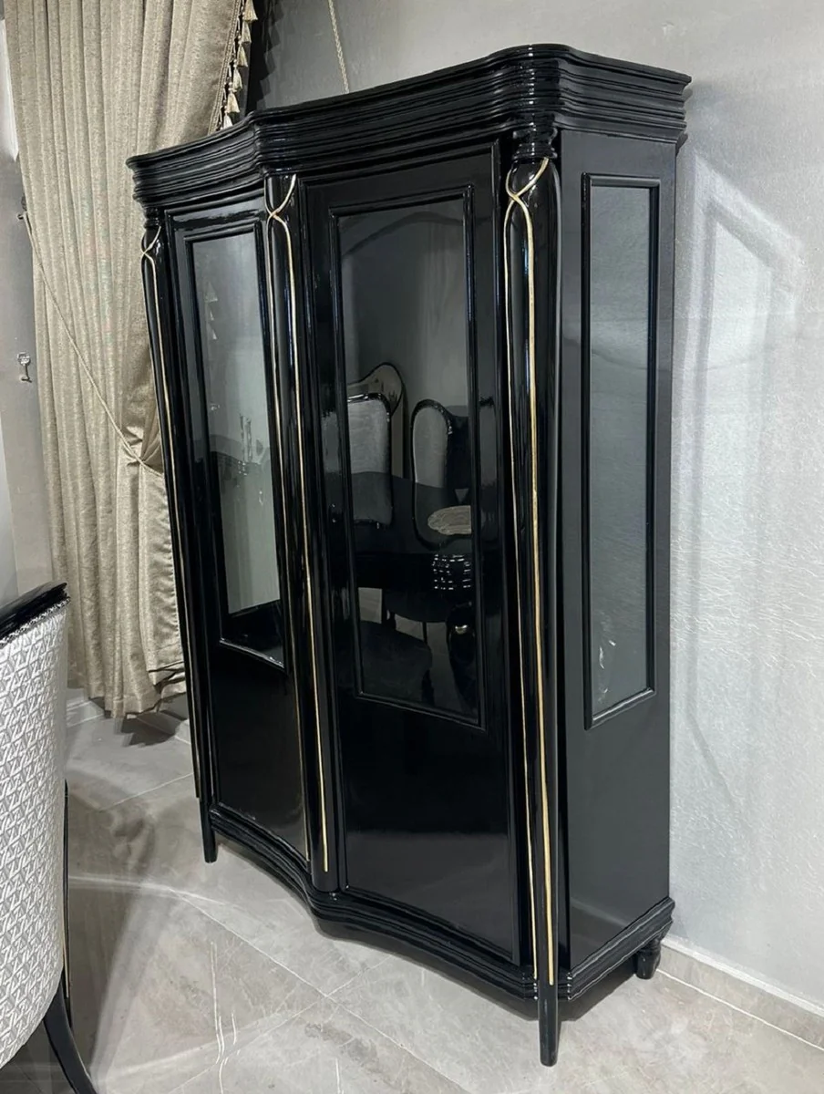 Luxus Barock Vitrine mit 2 Glastüren Schwarz / Gold - Barock Esszimmer Möbel