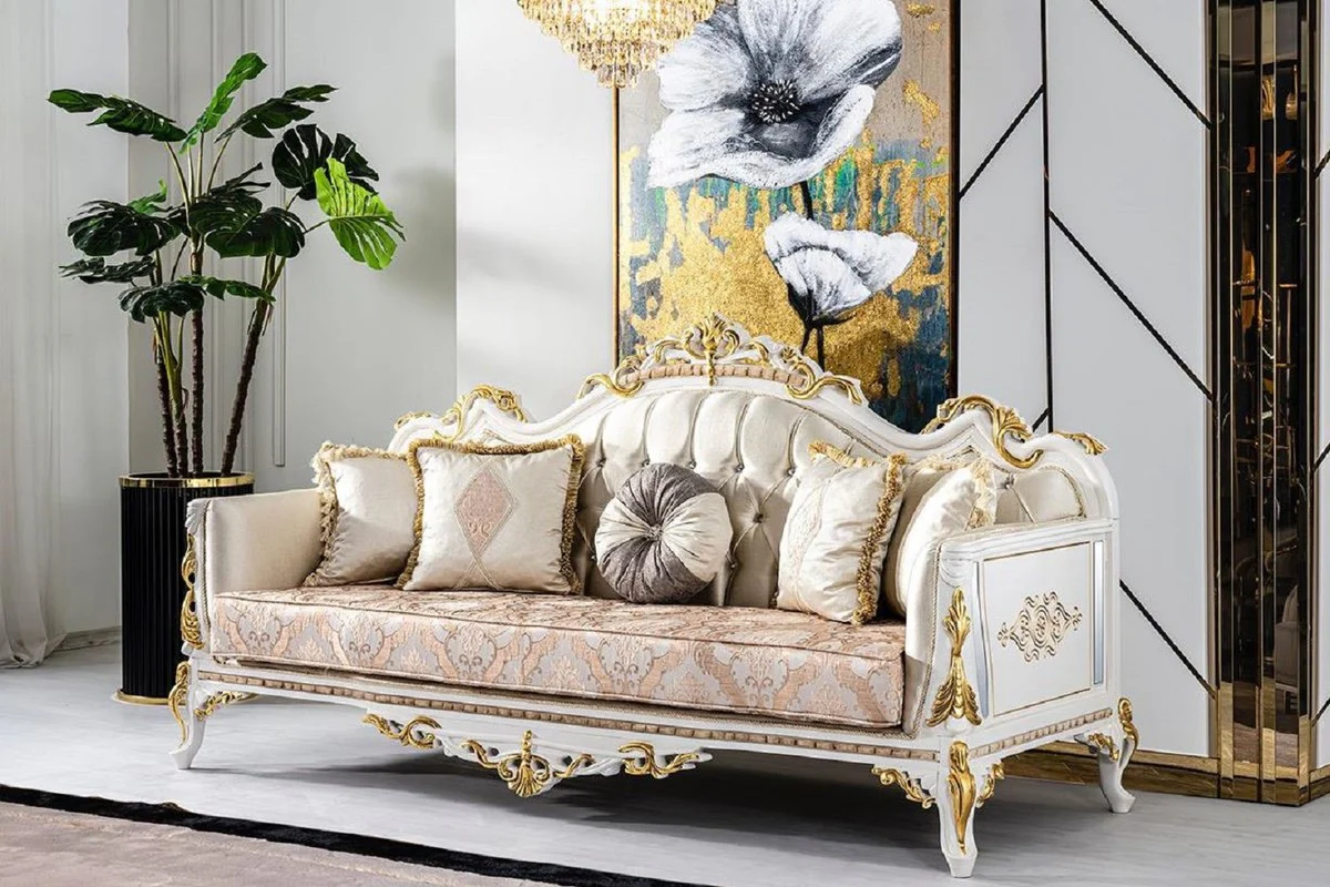 Luxus Barock Sofa Gold / Silber / Braun / Weiß / Gold - Prunkvolles Wohnzimmer Sofa mit Glitzersteinen - Barockstil Wohnzimmer Möbel - Luxus Möbel im Barockstil - Barock Einrichtung